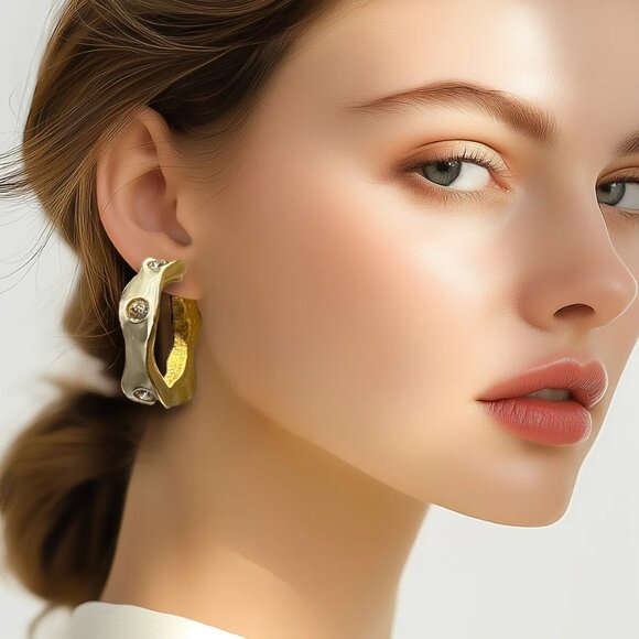 Kenneth Jay Lane 22k Gold Plated White Enamel Hoop Earrings with Crystals - Picture 5 of 9